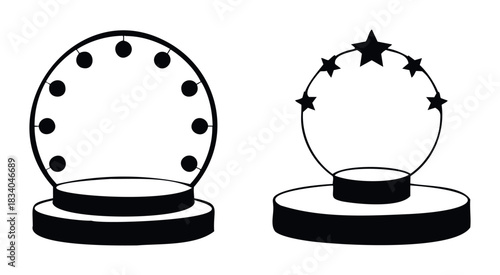 Black silhouette of a prize podium with star decorations and another podium with round lights, suitable for award ceremonies or celebrations.