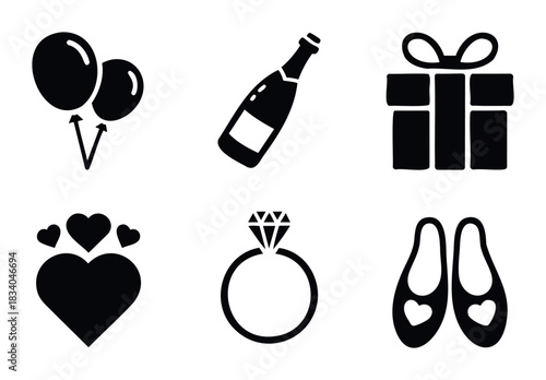 Collection of celebratory and romantic icons including balloons, champagne bottle, gift box, heart, ring and ballet shoes for event or special occasion use.