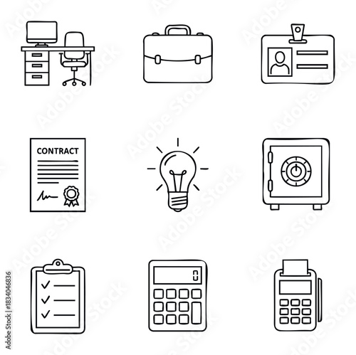 Collection of office icons including desk with computer, briefcase, badge, contract, lightbulb, safe, clipboard, calculator, and credit card terminal for business concept.