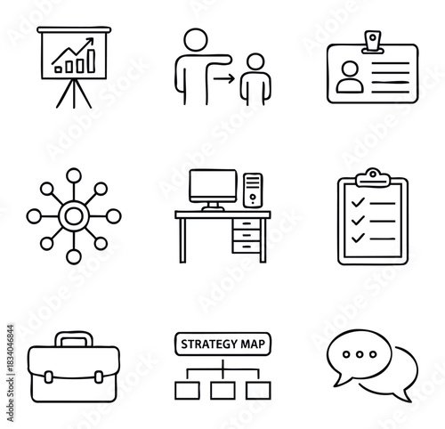 Set of business icons representing growth chart, employee assignment, identification, network, workstation, checklist, briefcase, strategy map, and communication for corporate presentation