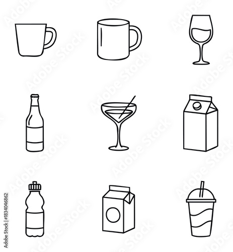 Collection of drink container icons including mugs, wine glass, bottle, cocktail, milk carton, water bottle, and takeaway cup for beverage related use cases.