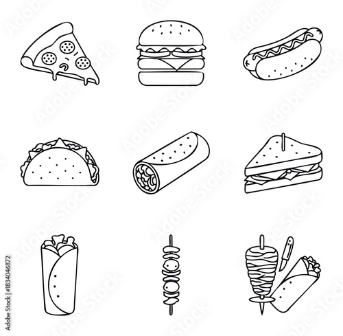 Collection of nine black and white line art icons representing popular fast food items like pizza, burger, hot dog, taco, burrito, sandwich, kebab, and skewers for menu and advertising use