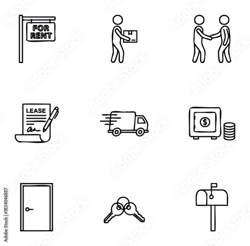 Collection of real estate and moving icons including for rent sign, person with package, handshake, lease document, delivery truck, safe with money, door, keys, and mailbox for property