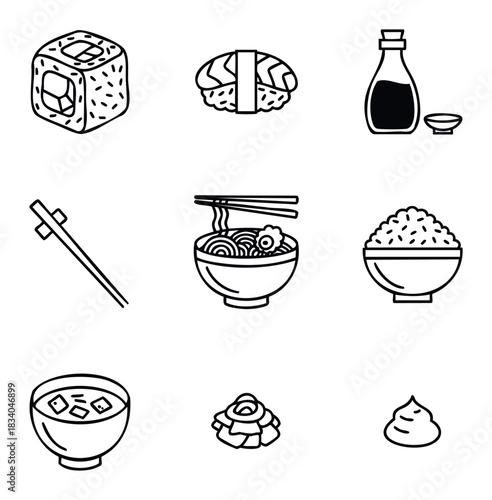A collection of Japanese food icons including sushi, ramen, rice, miso soup, soy sauce, and chopsticks suitable for culinary menus or Asian cuisine themes.