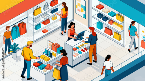 This isometric illustration depicts a busy shopping mall scene: customers browse fashion stores (displaying clothes, bags, shoes), capturing a lively, colorful retail environment.