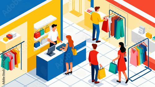 This isometric illustration depicts a busy shopping mall scene: customers browse fashion stores (displaying clothes, bags, shoes), capturing a lively, colorful retail environment.
