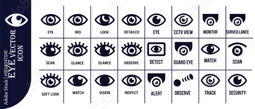 Eye vector icon set for iris, look, detailed, cctv view, monitor, surveillance, detect, guard