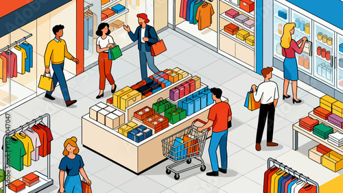 This isometric illustration depicts a busy shopping mall scene: customers browse fashion stores (displaying clothes, bags, shoes), capturing a lively, colorful retail environment.