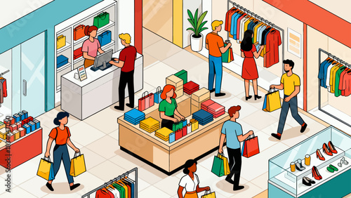 This isometric illustration depicts a busy shopping mall scene: customers browse fashion stores (displaying clothes, bags, shoes), capturing a lively, colorful retail environment.