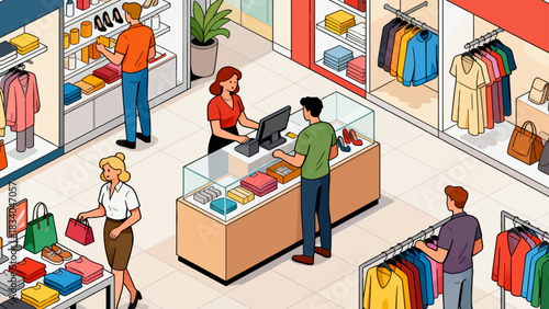 This isometric illustration depicts a busy shopping mall scene: customers browse fashion stores (displaying clothes, bags, shoes), capturing a lively, colorful retail environment.