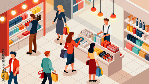 This isometric illustration depicts a busy shopping mall scene: customers browse fashion stores (displaying clothes, bags, shoes), capturing a lively, colorful retail environment.