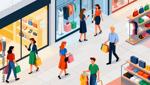 This isometric illustration depicts a busy shopping mall scene: customers browse fashion stores (displaying clothes, bags, shoes), capturing a lively, colorful retail environment.