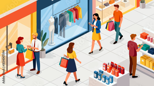 This isometric illustration depicts a busy shopping mall scene: customers browse fashion stores (displaying clothes, bags, shoes), capturing a lively, colorful retail environment.