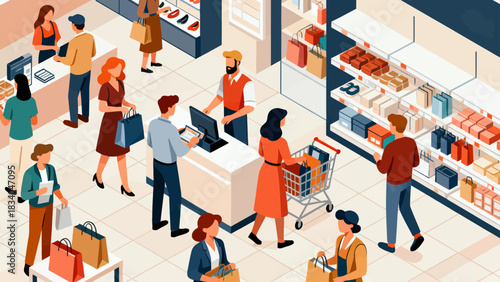 This isometric illustration depicts a busy shopping mall scene: customers browse fashion stores (displaying clothes, bags, shoes), capturing a lively, colorful retail environment.