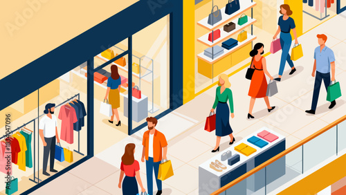 This isometric illustration depicts a busy shopping mall scene: customers browse fashion stores (displaying clothes, bags, shoes), capturing a lively, colorful retail environment.