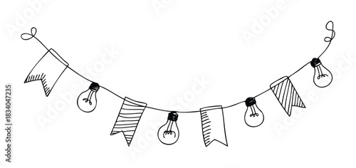 Hand drawn string of festive bunting flags and illuminated light bulbs for celebrations, parties, holidays, and decorations adding a cheerful ambiance.