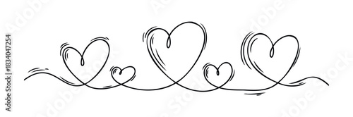 Elegant black outline hearts connected by a flowing line create a romantic and decorative border for celebrations and expressions of love.