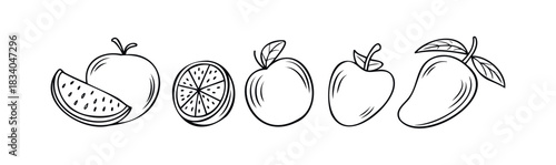 A line of simplified fruit icons including watermelon slice, orange slice, apple, and mango with leaves, perfect for healthy eating and natural product promotions.