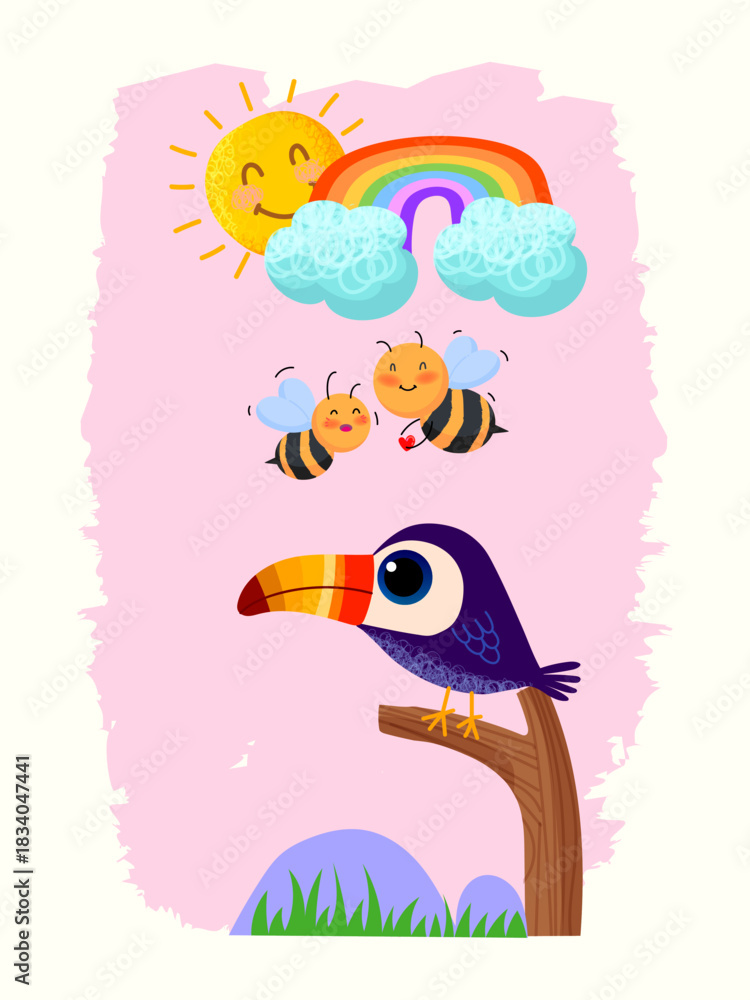 Naklejka premium Cute cartoon toucam bird with the rainbow hand drawn childish character vector illustration isolated on white background.