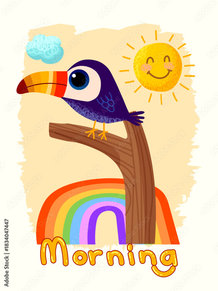 Obraz premium Cute cartoon toucam bird with the rainbow hand drawn childish character vector illustration isolated on white background.