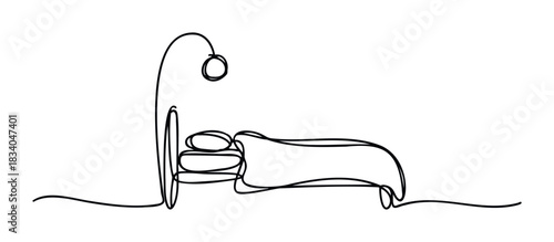 Minimalist single line drawing of a bed with a lamp, symbolizing rest and comfort, perfect for wellness and healthcare related projects.