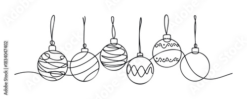 Hand drawn continuous line graphic of Christmas ornaments strung together with festive holiday decorations, perfect for seasonal greetings and New Year celebrations.