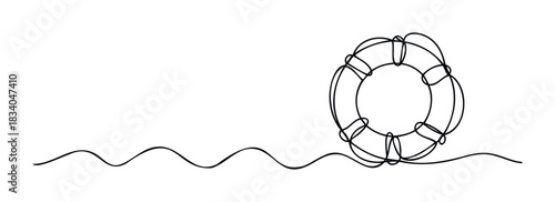 Minimalist continuous line drawing of a life preserver floating on wavy water representing safety and rescue in maritime or emergency situations.