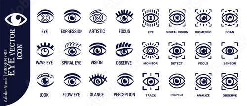 Set of human eye vector icons, visual perception, biometric scanning and artistic expression symbols