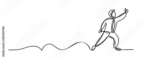 Dynamic single line drawing of a businessman in suit running forward with arm raised in gesture of success or greeting, representing ambition and achievement for corporate and motivational