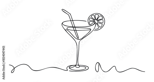 Minimalist continuous line drawing of a martini glass with a straw and lemon slice, perfect for beverage advertising and summer party themes