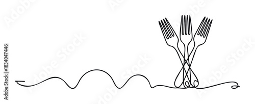 Three forks intertwined in a continuous line drawing symbolizing dining connection and culinary experiences, perfect for restaurant menus or food service promotions
