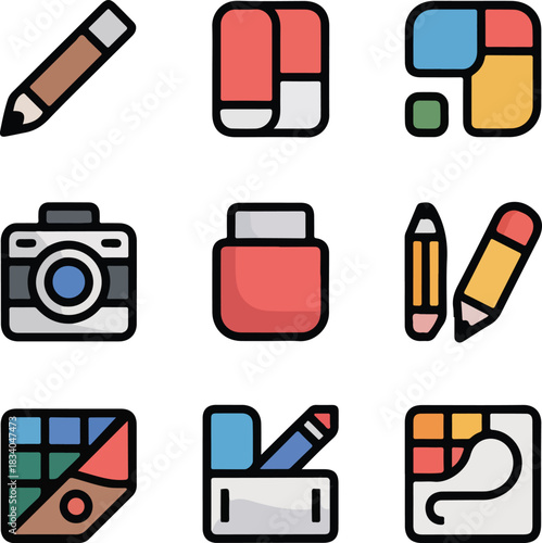 Vector set of essential media and photography tools with camera paintbrush color palette and pencils for digital content creation