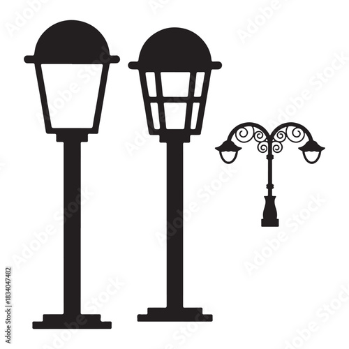 This image displays three stylized, black silhouettes of streetlamps against a white background. The two larger lamps are positioned side-by-side, each with a rectangular shade and a detailed base. 