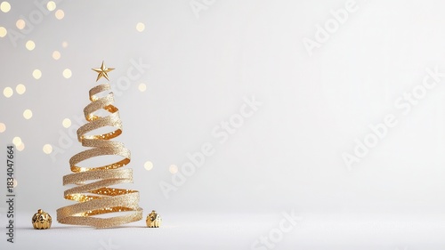 Golden glitter ribbon christmas tree standing on white background with sparkling bokeh lights, celebration concept holiday