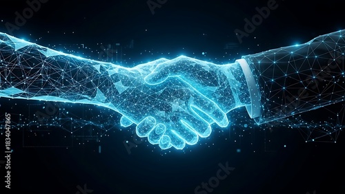 Modern digital partnership handshake with glowing network effect for technology, future, innovation, and global business success