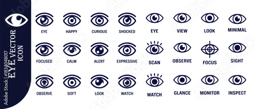 Variety of black eye icons, different shapes and states depicting visual actions and observations