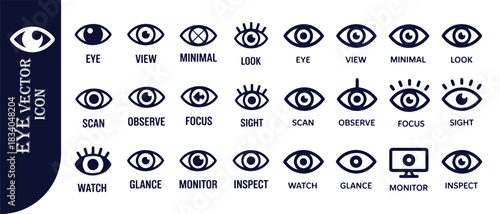 Extensive collection of black eye icons, demonstrating various viewing and monitoring actions