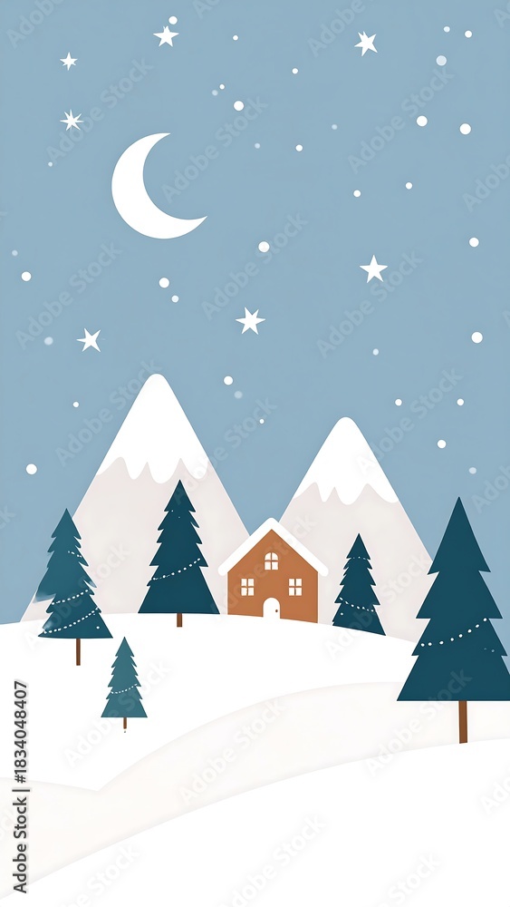 Naklejka premium Winter night scene with a cozy house nestled between snowy mountains