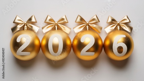Golden christmas balls with 2026 text hang on white background. For luxury brands, financial gifts, exclusive event branding, high-end promotions.