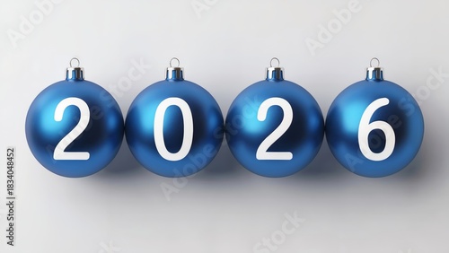 Blue Christmas tree ornaments arranged in a line with 