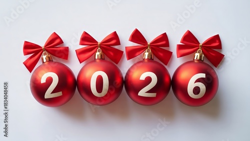Red christmas balls hanging in a row with word 2026 on white background. Perfect for festive corporate branding, bold New Year advertising, holiday retail promotions, dynamic social media graphics.