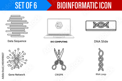 Set of six bioinformatics icons depicting data sequence bio computing dna slide gene network crispr and rna loop
