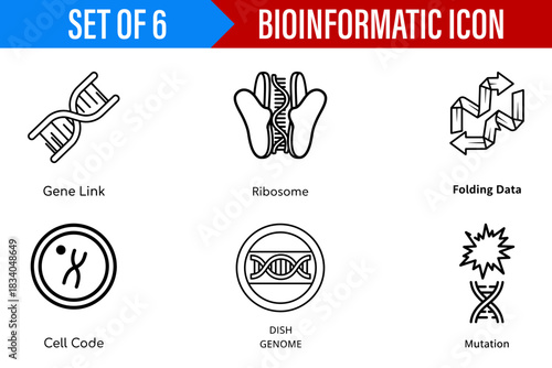Bioinformatic icons set featuring dna gene link ribosome folding data cell code dish genome and mutation set