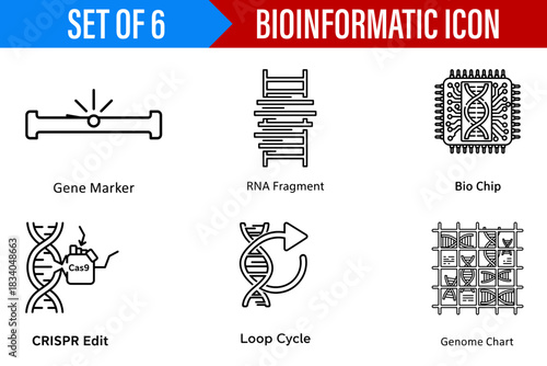 Illustration of bioinformatics icons featuring gene marker rna fragment biochip crispr loop and genome chart