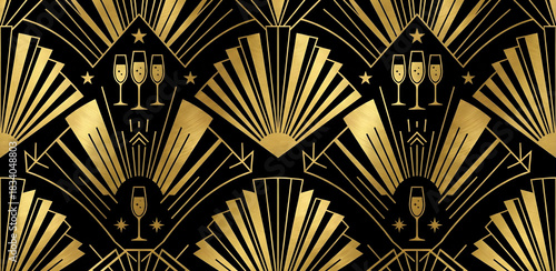 Seamless Art Deco pattern background with gold geometric fans on black. Luxury 1920s style texture.
