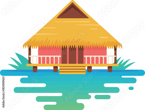 Vibrant tropical hut vector illustration on stilts over tranquil blue water with a golden thatched roof and lush foliage
