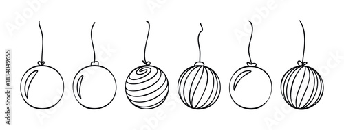 Six hand drawn simple line ornaments suspended by thin strings, perfect for festive holiday decoration and joyful celebration themes.