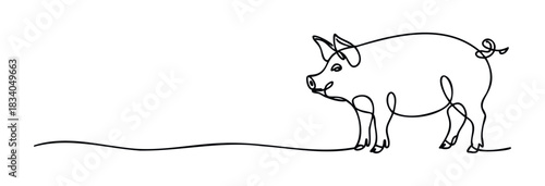 Single line drawing of a happy pig with a curly tail, perfect for farm themes and agricultural concepts, conveying a simple yet charming animal representation for various media applications.