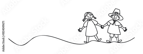 Two children in historical pilgrim costumes holding hands while walking on a wavy path, perfect for Thanksgiving and fall harvest themes.