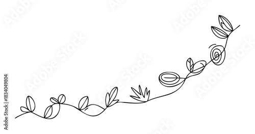 Delicate black line drawing of flowing vine with leaves and swirls for organic border or decorative accent in various creative projects